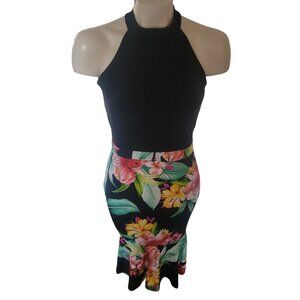 Black Halter‎ Floral Maxi Dress With Mermaid Hem Womens Size L By Uptown USA